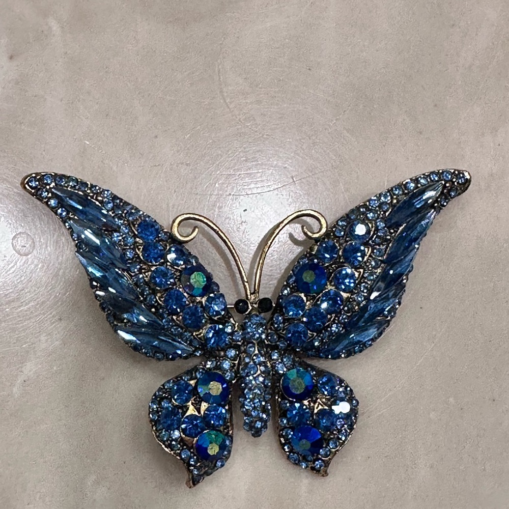 Blue Rhinestone Butterfly Brooch